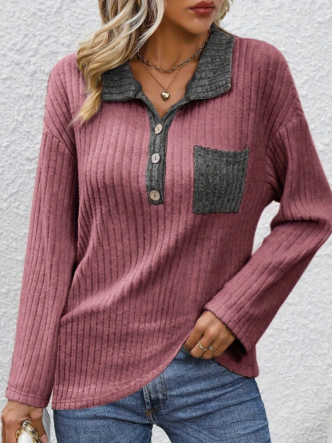 Yanna –  Streifen Kragen und Knopfleiste Polo Top